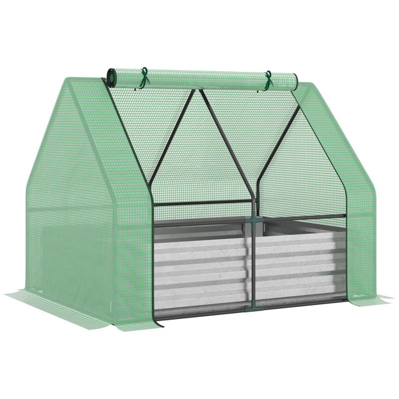 Outsunny Raised Garden Bed with Mini Greenhouse, Steel Outdoor Planter Box with Plastic Cover, Roll Up Window, Dual Use, 50" x37.5" x 36.25", Green, 1 of 8