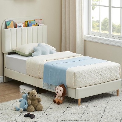 Twin Bed Frame with Storage Headboard Velvet Upholstered Platform Bedframe for Kids/Girl Bed Strong Wooden Slats Noise-Free Easy Assembly, Beige