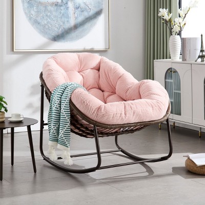 Living Room Rattan Woven Rocking Chair,Velvet Upholstered Recliner Chair With Metal Frame,Egg Chair For Outdoor Patio Bedroom-Coolbibila