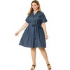 Women's Plus Size Relaxed Fit Buttons Belted Short Sleeves Chambray Shirtdress - Agnes Orinda - 3 of 4