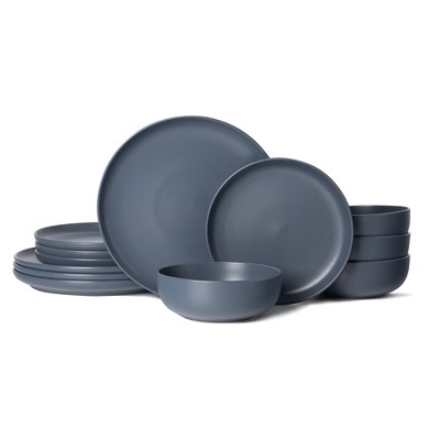 Syemin Dining Bowls 4 Person Stoneware Dinnerware Set Microwave Dishwasher Safe Chip-Resistant Matte Glaze Stackable Storage, Blue, 10"*10"*2.4"