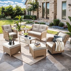 Gymojoy 7 Piece Outdoor Wicker Loveseat Sofa with Patio Swivel Glider Chairs with Coffee Table and Ottoman Sets - 1 of 4