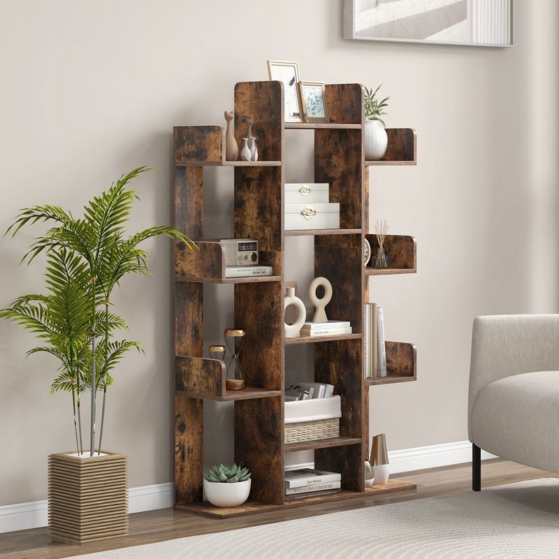 Costway 1/2 PCS Bookshelf Tree-Shaped Bookcase with 13 Storage Shelf Rustic Industrial Style Rustic Brown, 2 of 11