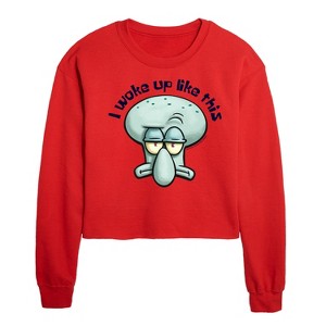 SpongeBob SquarePants I Woke Up Like This Cropped Long Sleeve Crew Neck Sweatshirt - Red - X-Large - 1 of 4