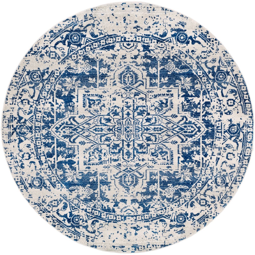 Photos - Area Rug Livabliss 5'3" Round Worsham Traditional Rug Blue: Medium Pile, Machine Made, Fade & Stain-Resistant