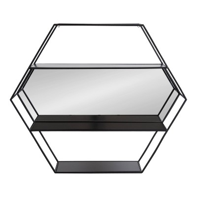 Lintz Hexagon Black Metal Floating Wall Mirror with Shelves