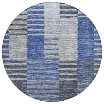Denim Blue And Navy Blue Striped Washable Indoor Outdoor Area Rug