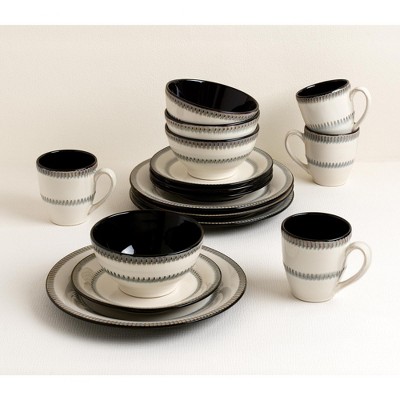 White Ceramic Bohemian 16-Piece Dinnerware Set with Trim Embellishment