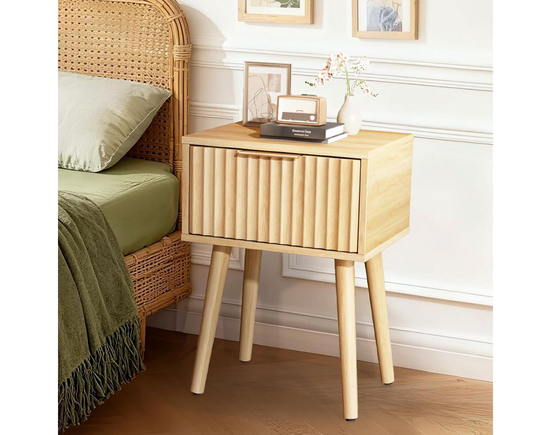 VINGLI  Fluted Nightstands with Drawer, Mid Century Modern Nightstands, Bedside Table, End Table