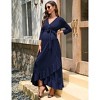 Coolmee Women's Maternity Dress V neck 3/4 Sleeve Ruffle Long Dress High Waist A Line Maxi Dress with Belts - 4 of 4