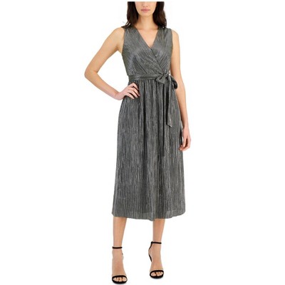 Anne Klein Womens Metallic Surplice Midi Dress
