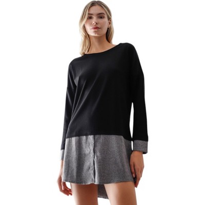 Slickblue Women's Knit Combo Long Sleeve Sweater Dress, Casual Black Dress with Contrast Hem, Size S-L