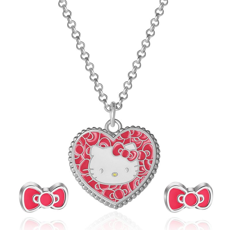 Sanrio Hello Kitty Fashion Jewelry Set Heart Necklace with Bow Studs, Officially Licensed, 1 of 6