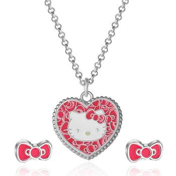 Sanrio Hello Kitty Fashion Jewelry Set Heart Necklace with Bow Studs, Officially Licensed