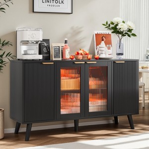 Belord Black Fluted LED Sideboard Cabinet with Glass Doors, Modern Lighted Credenza for Living Room, Kitchen & Hallway - 1 of 4