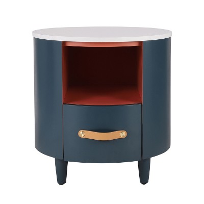 CAVINAS Round Nightstand with Storage Drawer, Modern Bedside Table with 1 Open Shelf, End Table with Curved Design for Bedroom