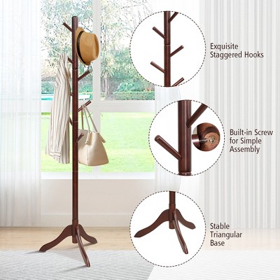 Adjustable Brown Rubber Wood Coat Rack with 8 Hooks