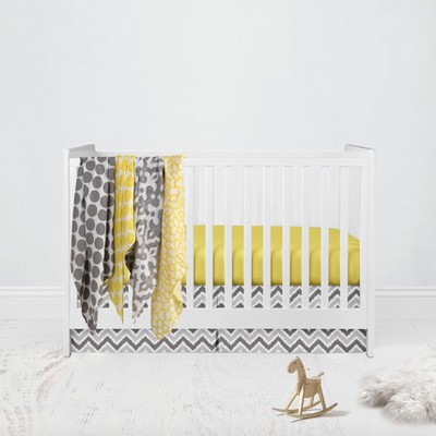 Bacati - Ikat Dots Giraffe Yellow Grey Neutral 6 pc Crib Set with 4 Muslin Swaddle Blankets