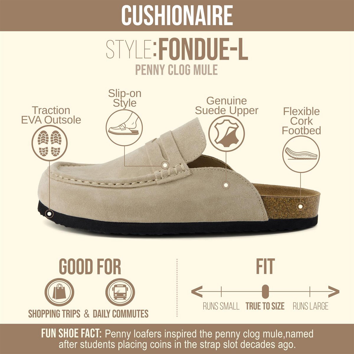 Женские сабо CUSHIONAIRE Fondu Genuine Leather Mule Clogs for Women, Comfortable Slip On Womens Shoes with Penny Strap Accent and Memory Foam Footbed, Biscuit 10 — фото 2