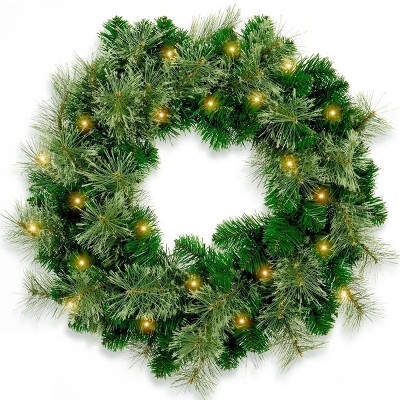 WOPET 24in Pre-Lit Artificial Christmas Wreath - 40 Warm Yellow LED Lights, 140 PVC Tips, and Timer Function, Green