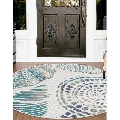 Coastal Abstract Ivory 4 Ft Round Synthetic Outdoor Rug
