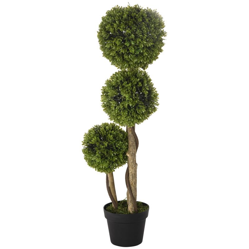 HOMCOM 35.5" Artificial Plant for Home Decor Indoor & Outdoor Fake Plant Artificial Tree in Pot, Ball Boxwood Topiary Tree, Light Green, 4 of 7
