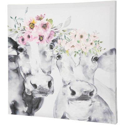 Rustic Gray and White Cows with Pink Wildflowers Canvas Wall Art
