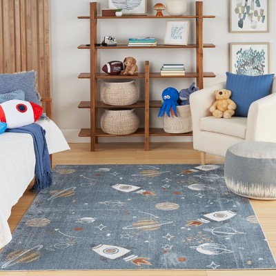 Astra Blue Multicolor Space Theme Kids Washable Rug 4' x 6'