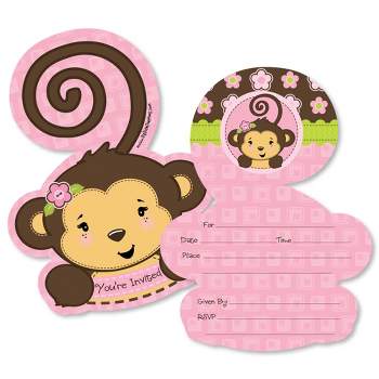 Big Dot of Happiness Pink Monkey Girl - Shaped Fill-in Invitations - Baby Shower or Birthday Party Invitation Cards with Envelopes - Set of 12