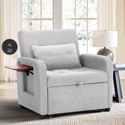 COLAMY Sleeper Chair Bed, Fabric Futon Sofa w/USB, Foldable Table, Pillow & Adjustable Backrest, Single Couch for Dorm/Bedroom, Light Grey