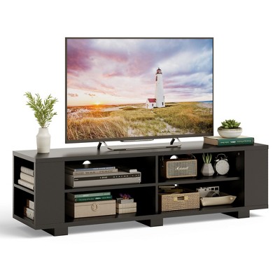 Black Engineered Wood TV Stand with Adjustable Shelves and Cabinets
