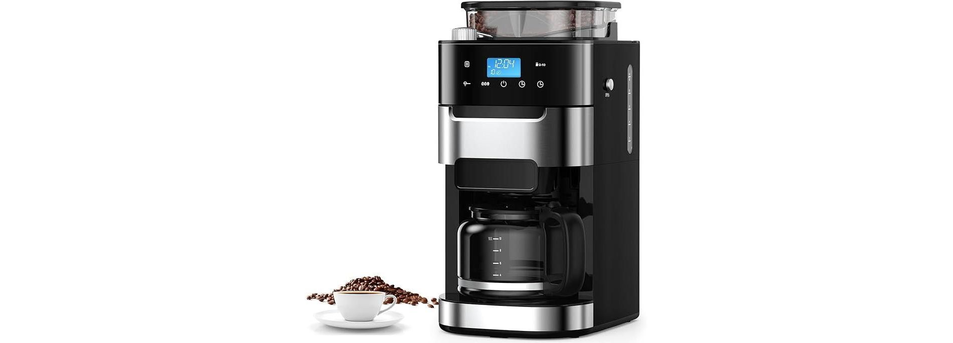 R.W.FLAME 10-Cup Coffee Maker with Grinder, Programmable Touch Screen, 8 Grind Settings, Washable Filter, Keep Warm Plate, 50.7oz Tank