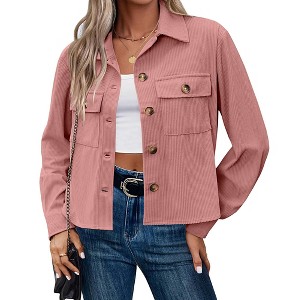 Womens Jackets Casual Cropped Corduroy Lapel Button Front Long Sleeve Jacket with Pockets - 1 of 4