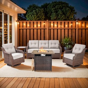 Buenhomino Patio Furniture Set with Fire Pit Table 50,000 BTU,5 Piece Wicker Outdoor Conversation Sets,Outdoor Swivel Rocker Chairs Patio Sofa - 1 of 4
