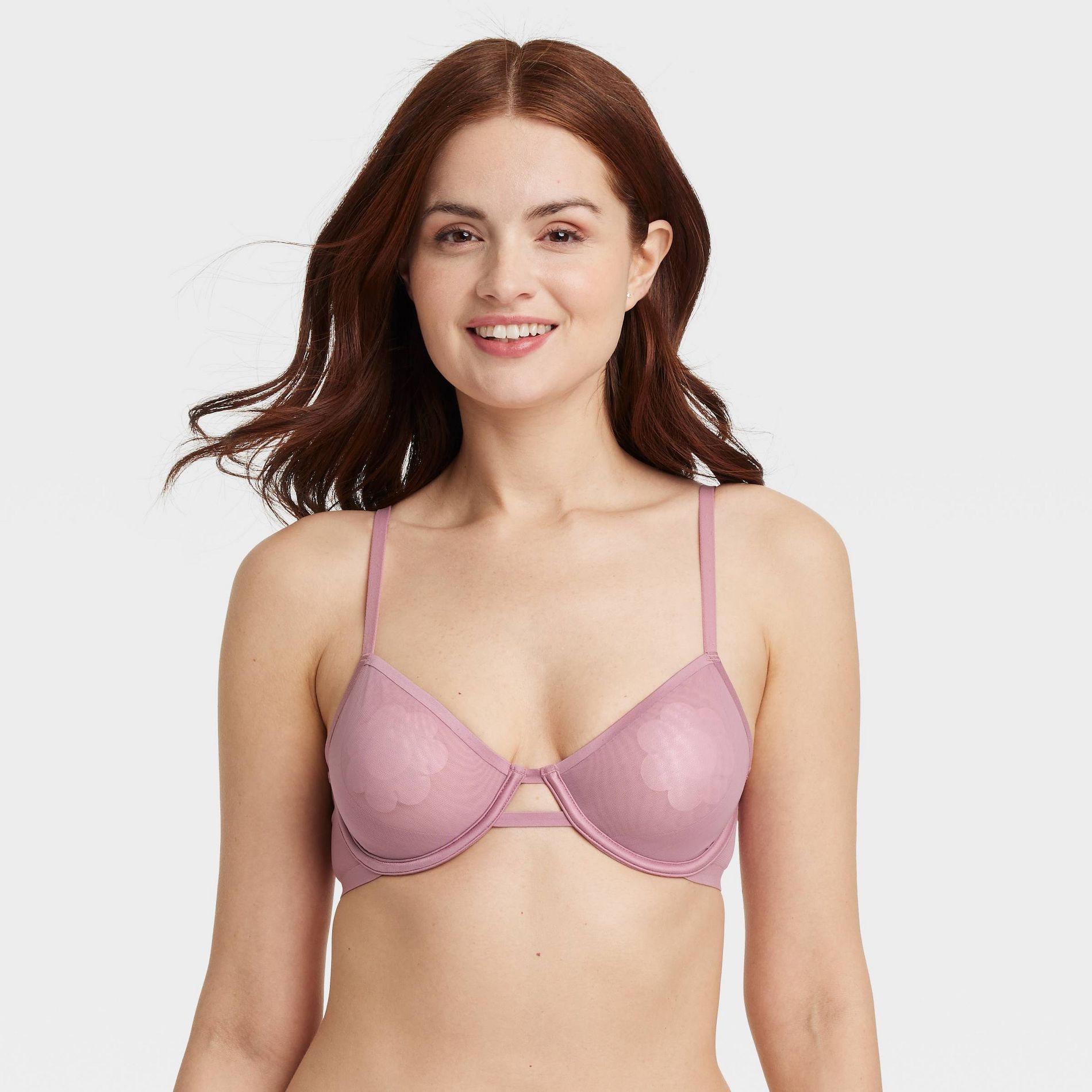 Women's Mesh Unlined Demi Bra - Auden™ Mauve 40D: Adjustable Strap, Underwire, Sheer Mesh