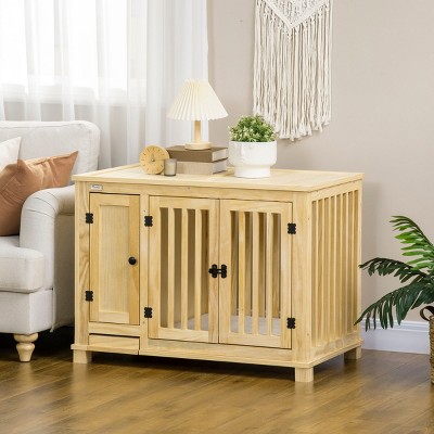 Wood Dog Crate Furniture with Hidden Food Bowl Drawer and Double Doors Indoor Dog Kennel End Table with Cushion for Small Dogs - LAOTIES