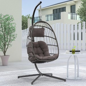 Brafab Hanging Egg Chair with Steel Stand and Fluffy Cushion, Lounge Wicker Iron Swing Chairs for Indoor Outdoor Patio Garden - 1 of 4