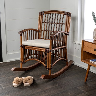 JONATHAN Y Swayze Bohemian Farmhouse Woven Rattan/Wood Rocking Chair, White Cushion with Brown Frame