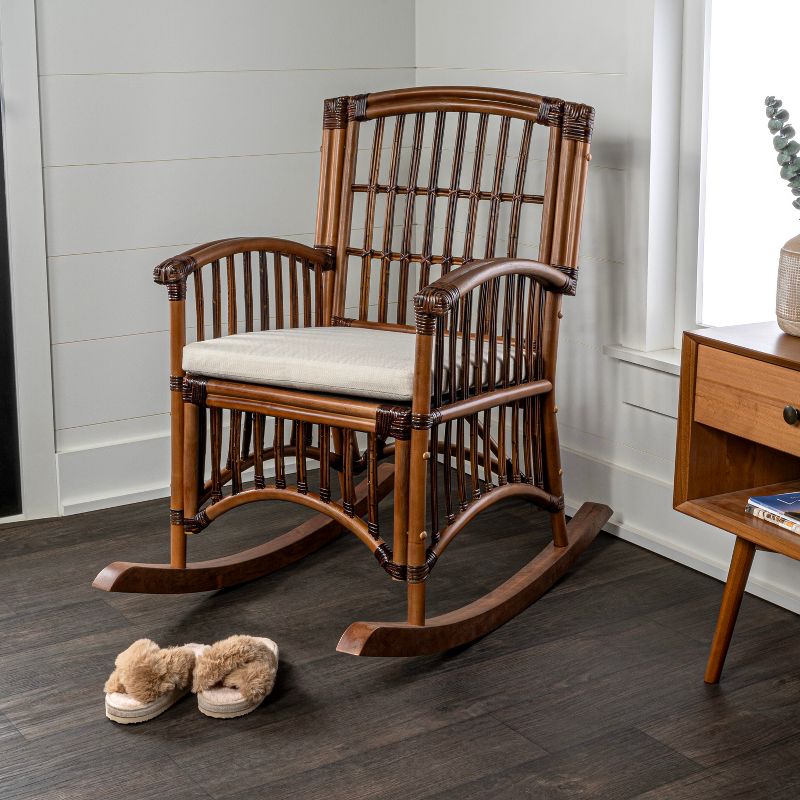 JONATHAN Y Swayze Bohemian Farmhouse Woven Rattan/Wood Rocking Chair, Cushion with Frame, 3 of 10