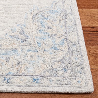 Ivory and Blue Handmade Wool Tufted Square Rug 5'