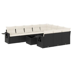 vidaXL 11 Piece Patio Sofa Set with Cushions Black Poly Rattan - Black and Cream Without Table - 1 of 4