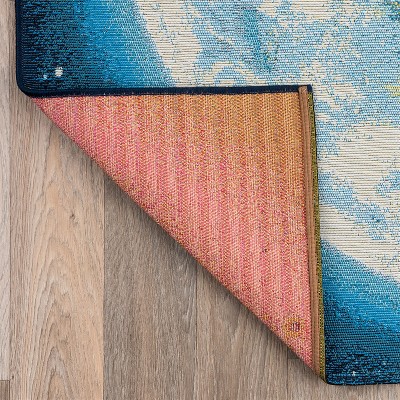 Blue Round Synthetic Moon and Earth Area Rug