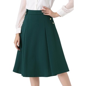 Allegra K Women's High Waist Button Decor Vintage Pleated Flared Midi Skirt - 1 of 4