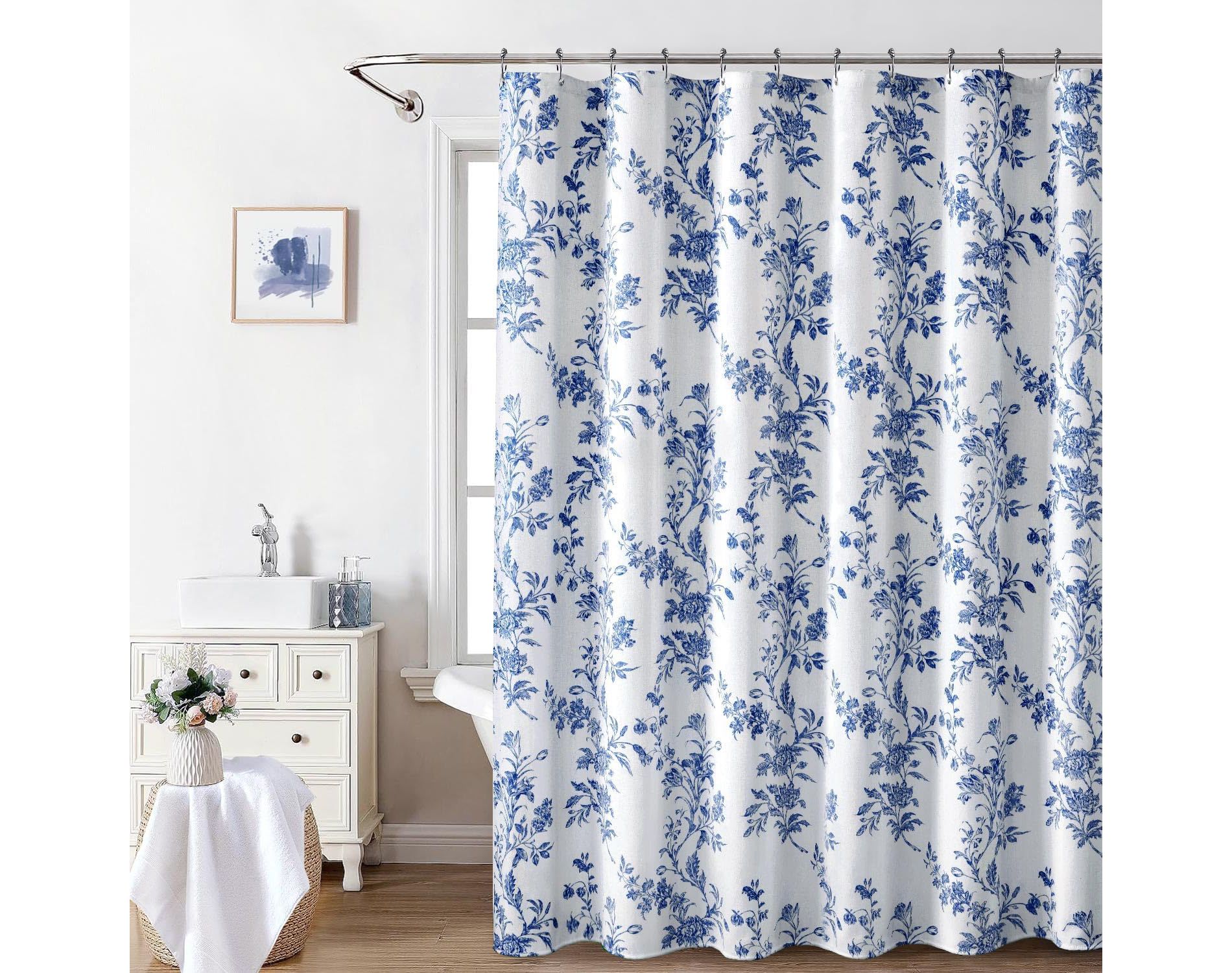 Blue Shower Curtain,Cotton Floral Cottagecore Spring Shower Curtain for Bathroom 70.8x70.8 Inch