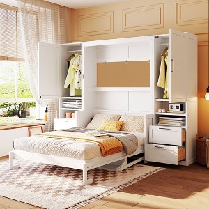 ModernLuxe Full/Queen Size Murphy Bed Wall Bed with Closet, Drawers & Shelves, Space-Saving Foldable Bed for Bedroom, White/Gray - 1 of 4