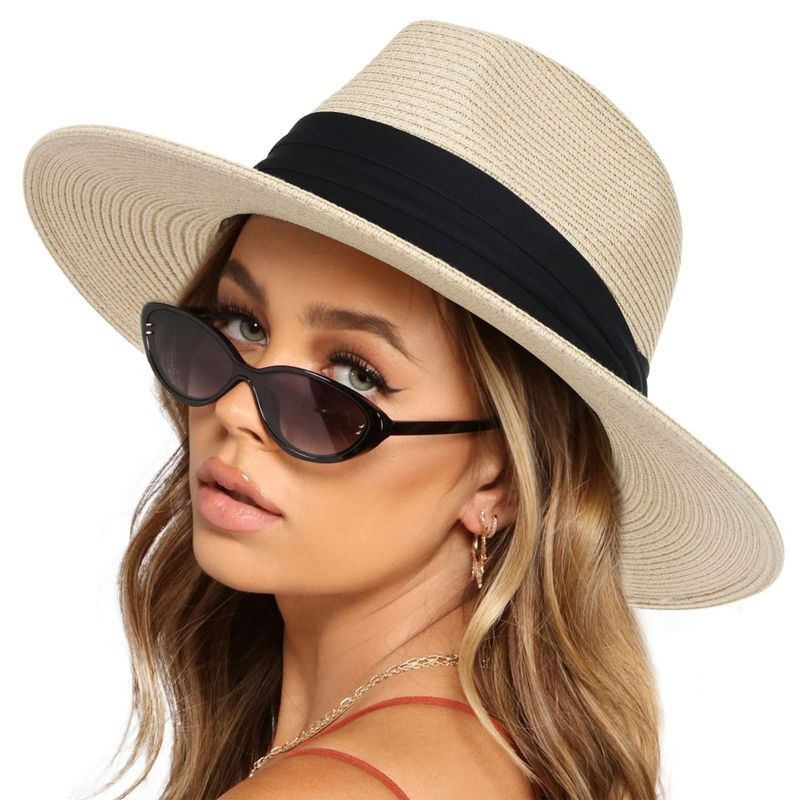 Anna-Kaci Wide Brim Straw Fedora Sun Hat with Black Band Packable Summer Panama Hat for UV Protection - Beige