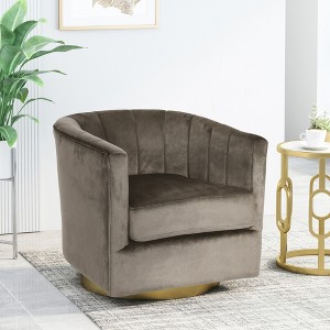 25.5'' Velvet Modern Glam Swivel Arm Chair with Tub Design, Channel Stitching and Metallic Base in Jewel-Tone Finish - 1 of 4