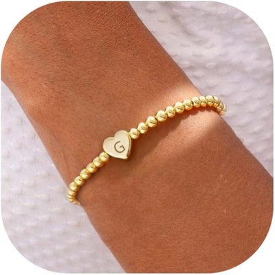 Beaded Bracelets for Women Dainty Heart Initial Bracelet Letter A-Z Charm Bracelet for Women Stretch