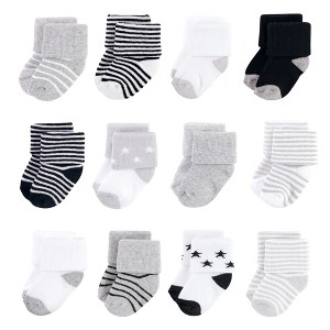 Hudson Baby Infant Unisex Cotton Rich Newborn and Terry Socks, Gray Black Stars - 1 of 2