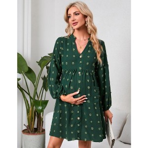 Maternity Swiss Dot Dress V Neck Long Sleeve Button Down Mini Dress Baby Shower Photoshoot with Pockets - 1 of 4